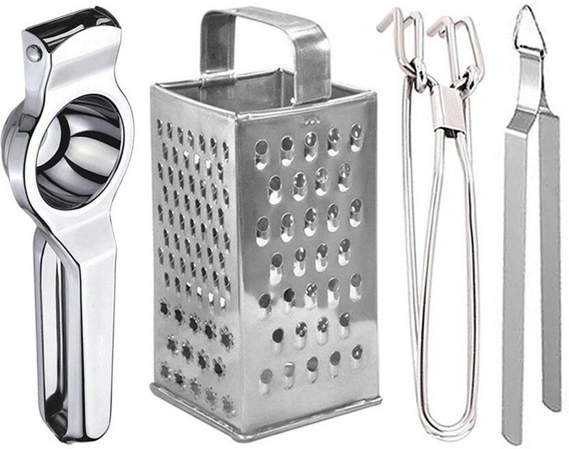 tjx Stainless Steel Lemon Squeezer & Grater & Pakkad & Chimta Kitchen Tool Set  (Silver)
