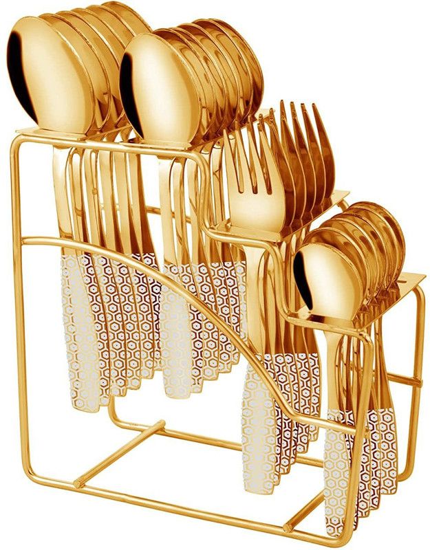 PRABHA Feather 24 Pcs PVD Gold Cutlery with Stand Stainless Steel Cutlery Set  (Pack of 24)