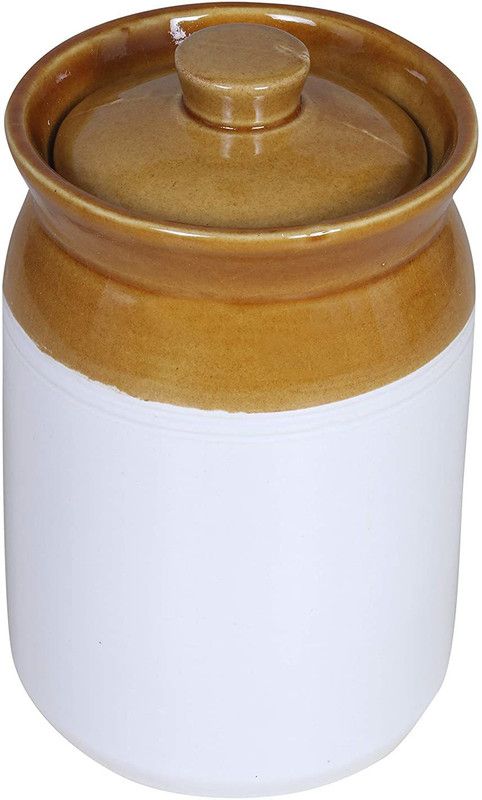 Raj Royal Ceramic Barni/Martban /Ceramic Multi-Utility Storage Jar with Lid - 2 L Ceramic Pickle Jar  (White, Brown)
