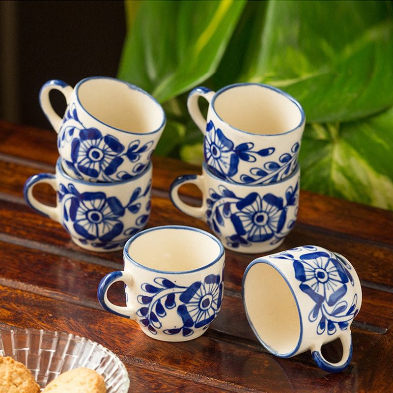 ExclusiveLane Pack of 6 Ceramic The 'Blooming Cuppas' Mughal Hand-Painted Ink Blue Ceramic Tea & Coffee Cups  (Blue, Cup Set)