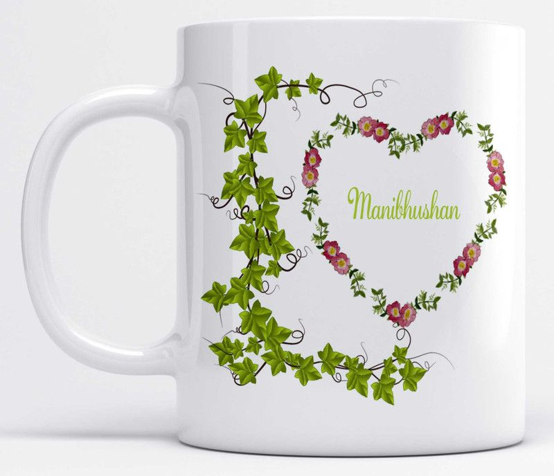 Name Manibhushan Printed Green Leaves And Heart Design Ceramic Coffee Mug  (350 ml)