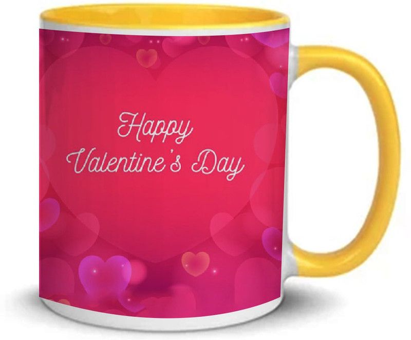 COLOR YARD best happy valentines day gift blurred valentines design on yellow inner handle Ceramic Coffee Mug  (320 ml)