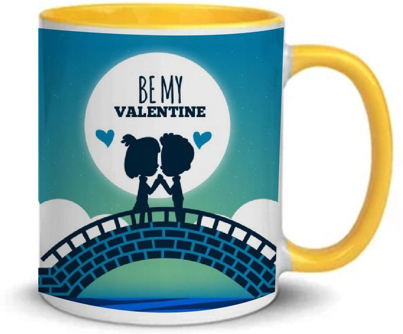 COLOR YARD best happy valentines day gift be-my-valentine-illustration design on yellow inner handle Ceramic Coffee Mug  (320 ml)