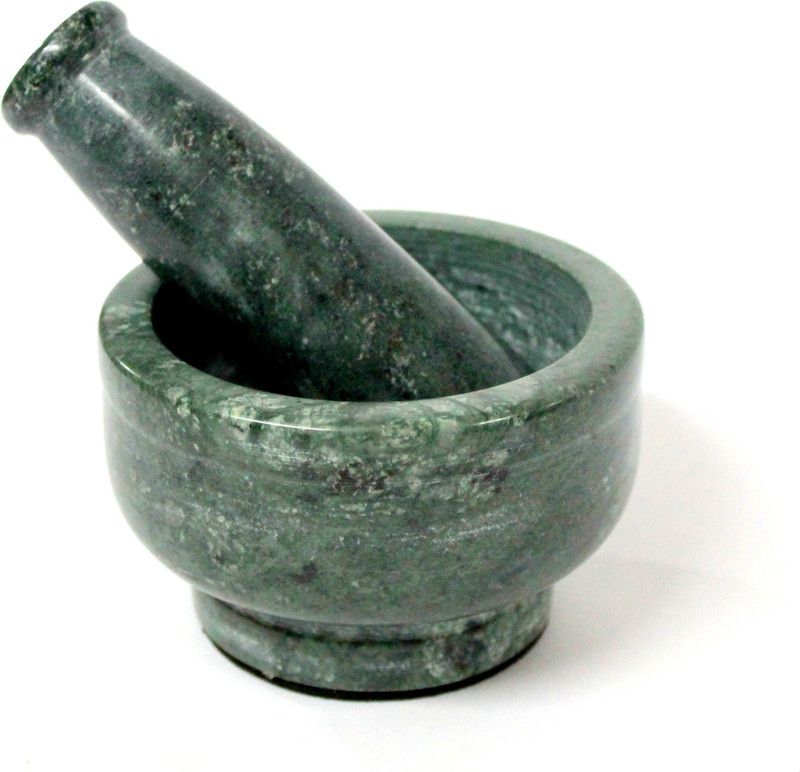 KLEO 4" Wide Green Natural Stone Mortar and Pestle Set as Spice, Medicine Grinder Masher - Kharad, Khallad, Okhli and Musal Marble Masher  (Pack of 1)