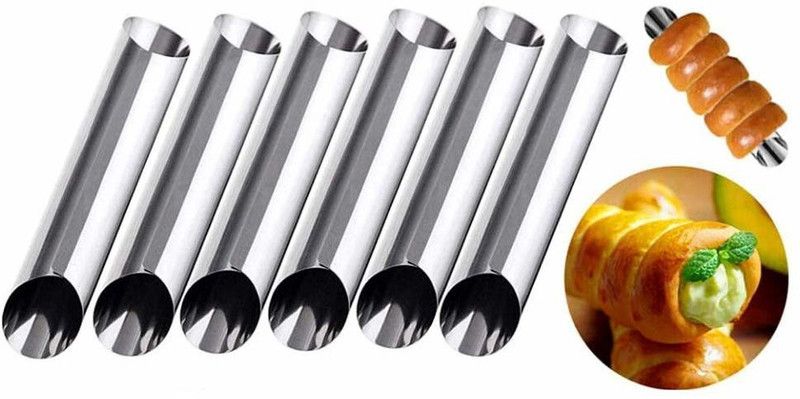 NIDY 6 Pcs DIY Non-Stick Stainless Steel Baking Tubes Set. Spiral Horn Pastry Cream Roll Tubes/Mold/Cannoli Forms/Croissant Shell Metal Ice Cream Roll/Funnel Shape/Kitchen/Party (6) Cream Roll Horn  (12.3 cm Pack of 6)