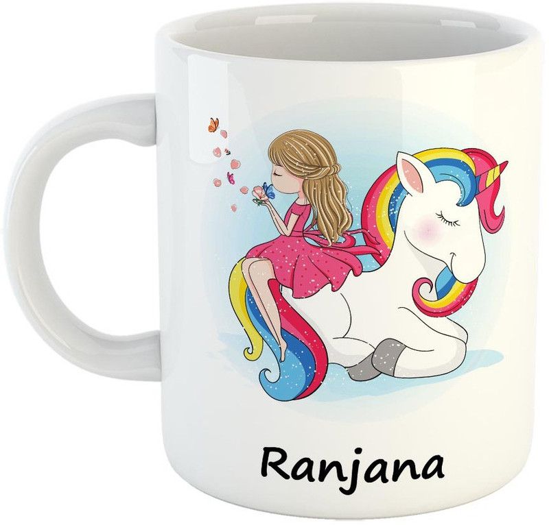 Furnish Fantasy Unicorn Ceramic Coffee - Best Happy Birthday Gift for Daughter, Sister, Gift for Kids, Return Gift , Name - Ranjana Ceramic Coffee Mug  (350 ml)
