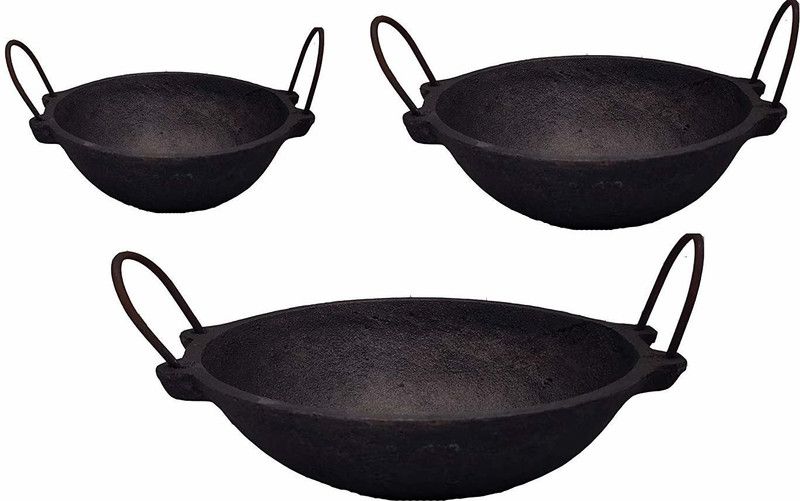 eKitchen Set Of 3 Pcs Pre-Seasoned Cast Iron Kadhai 18 cm, 29 cm, 24 cm diameter 1.5 L, 3 L, 1.25 L capacity  (Cast Iron)