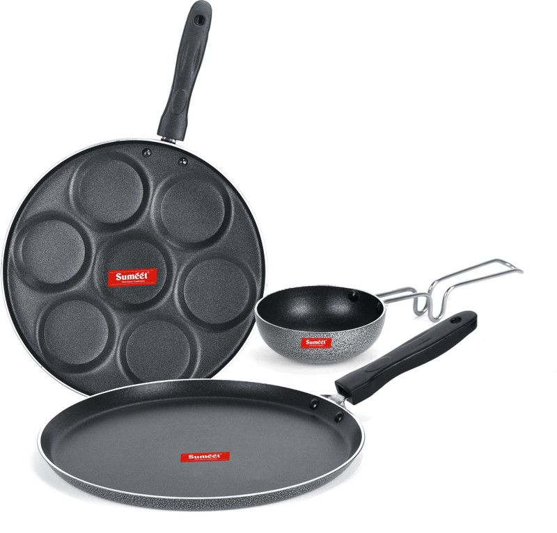 Sumeet NonStick Grisa Cookware Set (Dosa Tawa - 26.5Cm Dia + Multi Snack Maker - 7 Cavity - 26.5Cm Dia + Waghariya / Tadka pan - 190Ml - 10Cm Dia) Non-Stick Coated Cookware Set  (Aluminium, 3 - Piece)