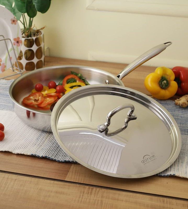 Aurum Grill Pan 26 cm diameter with Lid 3.1 L capacity  (Stainless Steel, Non-stick, Induction Bottom)