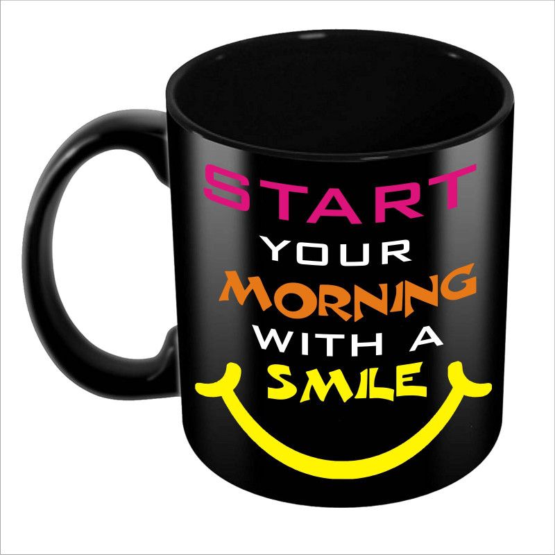 ADITI Designs START Your Morning With a Smile symbolon Solid Black Ceramic Coffee Mug  (350 ml)