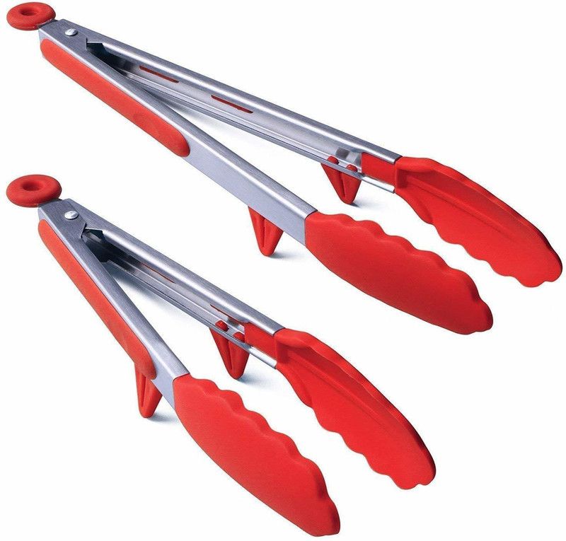 Flipkart SmartBuy 9Inch+12Inch tong Red Silicone Cooking Tongs, Kitchen Food Tongs, 9Inch+12Inch Set of 2 Red 30 cm Serving Tong Set  (Pack of 2)