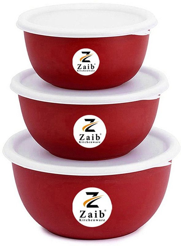 Zaib Stainless Steel Vegetable Bowl Microwave Safe Plastic Coated Euro Bowls Red 3 with lid for Reheating  (Pack of 3, Red, White)