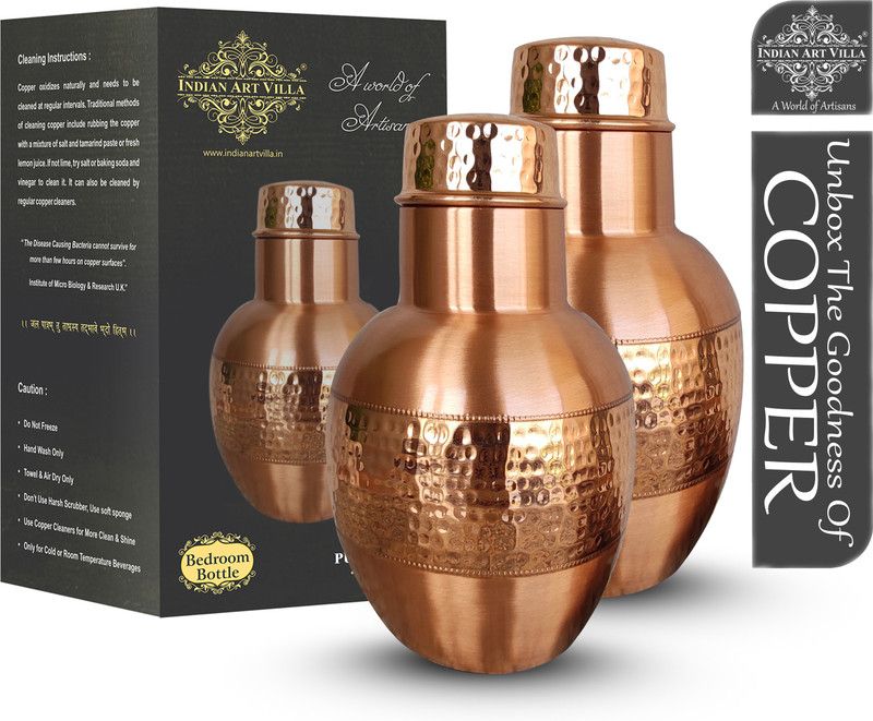 IndianArtVilla Pure Copper Bedroom Water Bottle With Inbuilt Glass & Pear Pot Design 1650 ml Bottle  (Pack of 2, Copper, Brown, Copper)