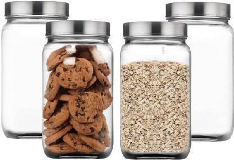 Adhunyk Glass jars for kitchen storage 1kg set, Cube Jar - 1000 ml Glass Grocery Container  (Pack of 4, Clear)