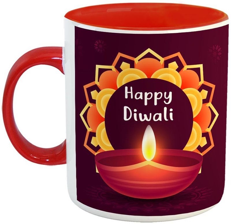Furnish Fantasy Happy Diwali Ceramic Coffee - Best Diwali Gift - Color - Red (0819) Ceramic Coffee Mug  (350 ml)