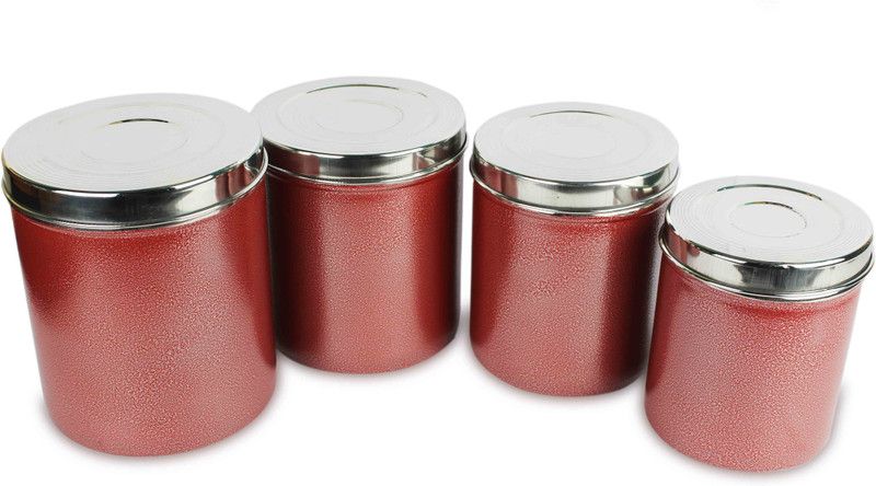 Prithi Home's and Kitchen Stainless Steel Antique Finish Red Storage Containers for Kitchen set - 2 L, 2.5 L, 3.5 L, 4 L Steel Grocery Container  (Pack of 4, Red)