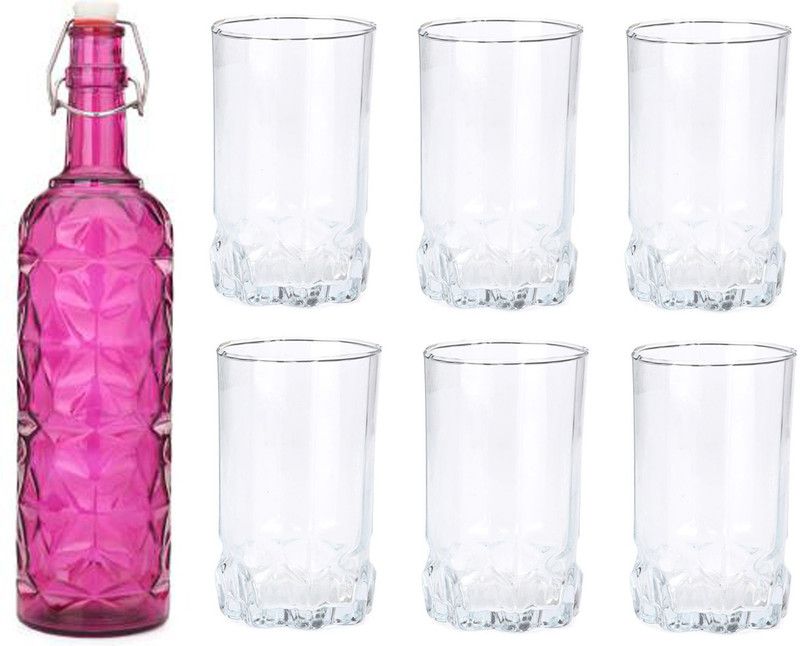 AFAST Bottle & 6 Glass Serving Lemon Set, Pink, Clear, Glass - A793 Jug Bottle Glass Set  (Glass)
