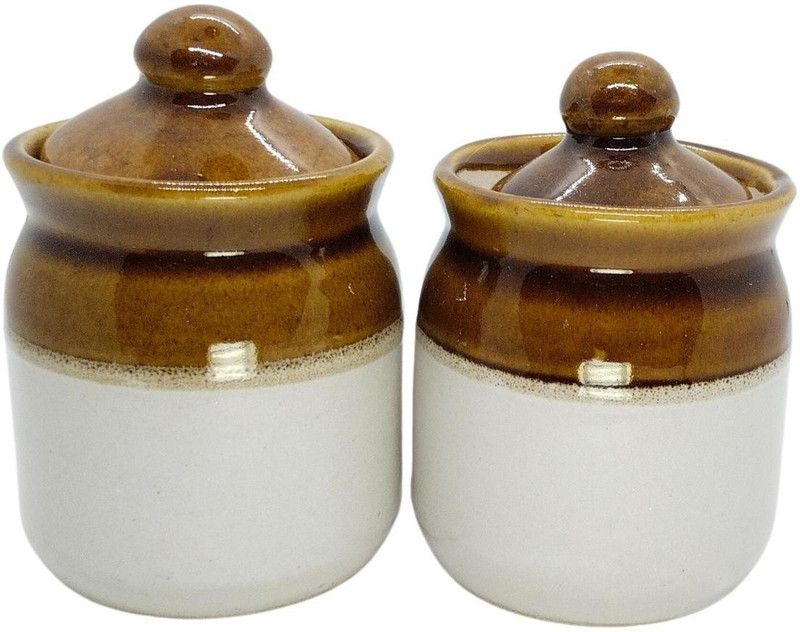 Orolinks Ceramic Pickle Jar - 200 ml, 200 ml  (Pack of 2, Brown, White)