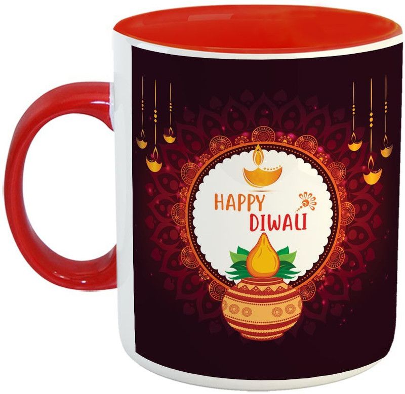 Furnish Fantasy Happy Diwali Ceramic Coffee - Best Diwali Gift - Color - Red (0817) Ceramic Coffee Mug  (350 ml)