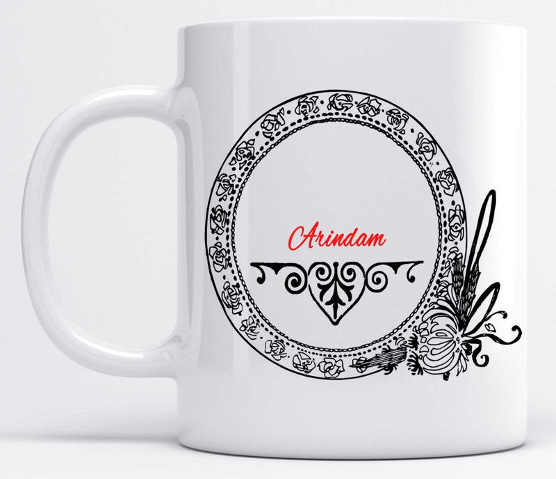 Name Arindam Printed Black Floral Design White Ceramic Coffee Mug  (350 ml)