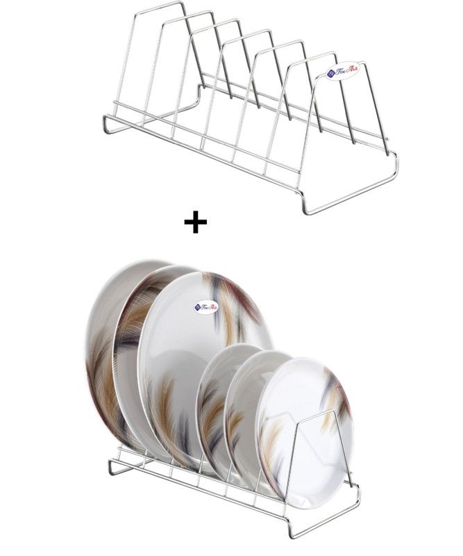 FineArts Stainless Steel Pack of 2 Medium Size Plate Stand, Lid Holder , Dish Organizer Plate Kitchen Rack  (Steel, Silver)