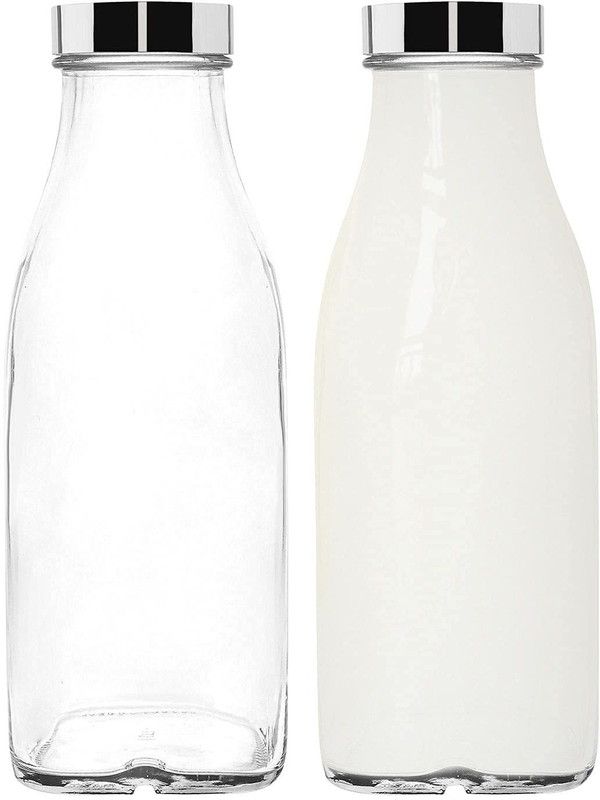 vetreo 1 Litre Glass Fridge Bottle Stainless Steel Lids 1000 ml Bottle  (Pack of 2, Clear, Glass)