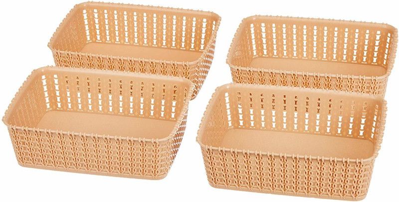 Cutting EDGE Plastic Small Woven Storage Basket Organizer, Beige (4 x A6 Size Mini) Sturdy And Break-Resistant Plastic For Kitchen | Office | Stationary | Cosmetics | School Supplies | Fruits Storage Basket (Pack Of 4) Storage Basket  (Pack of 4)