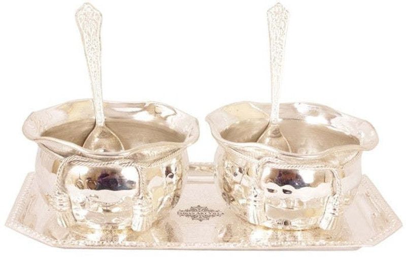 INDIAN ART VILLA Silver Plated Decorative Bowl Silver Plated Set of 2 Designer Bowl 2 Spoon 1 Tray - Gift Item Decorative  (Pack of 1, Silver)