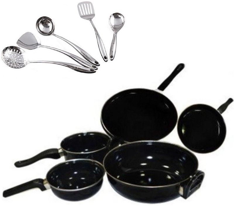 Blooming India Blooming India Cookware Set of 5 With 5 Steel Karchhi Non-Stick Coated Cookware Set  (Aluminium, 9 - Piece)