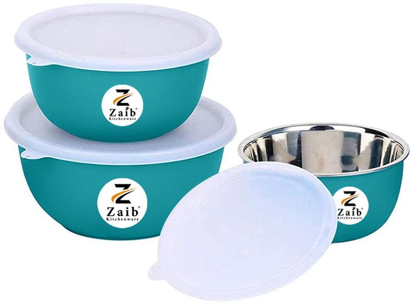 Zaib Stainless Steel, Polypropylene Vegetable Bowl Microwave Safe Plastic Coated Euro Bowls Set of 3 with lid for Reheating & Storage Container (Capacity: 800, 1400, 1700 ml) Stainless Steel Serving Bowl  (Pack of 3, Green)