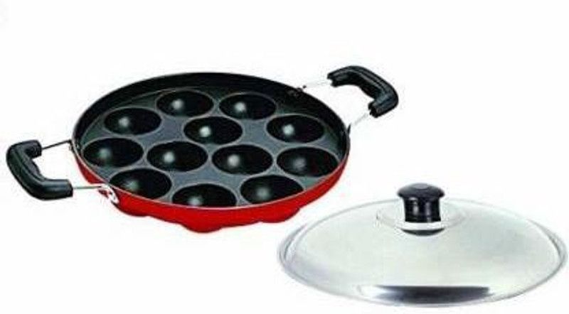 SPINACH Non-Stick Red Hot Appam Maker Pan / Panirayakkal Pan / Chetty Pan 12 cavity 23 cm Pot 23 cm diameter 1 L capacity with Lid  (Aluminium, Non-stick)