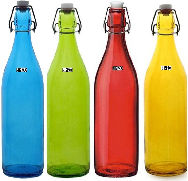 BINZO Color Water Bottle For Fridge, Storage, Beverages, Juice, Water, Milk 1000 ml Bottle  (Pack of 4, Red, Yellow, Green, Blue, Glass)