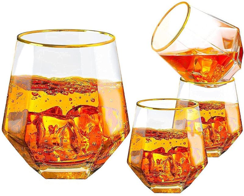 SPIRITUAL HOUSE (Pack of 6) Gold Rim Whiskey Glass Modern Tumbler Glass Set Whisky Glass (310 ml Glass) Glass Set Whisky Glass  (310 ml, Glass, White)