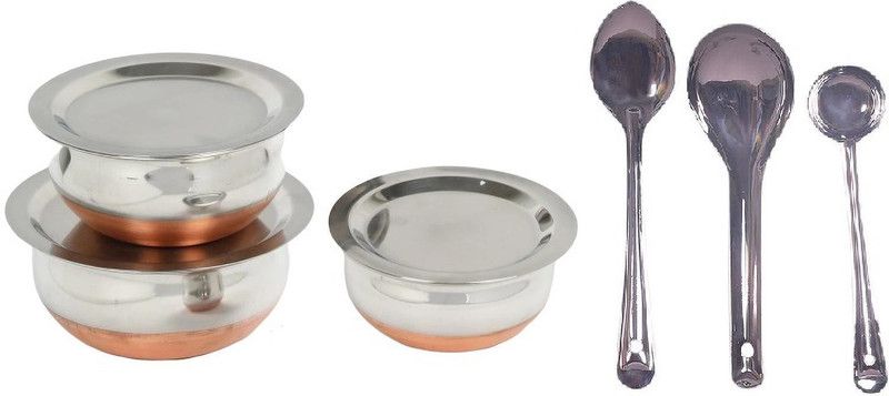 Dynore Set of 3 Copper Bottom Serving Bowls with lids with 3 Serving spoons Cookware Set  (Stainless Steel, 6 - Piece)