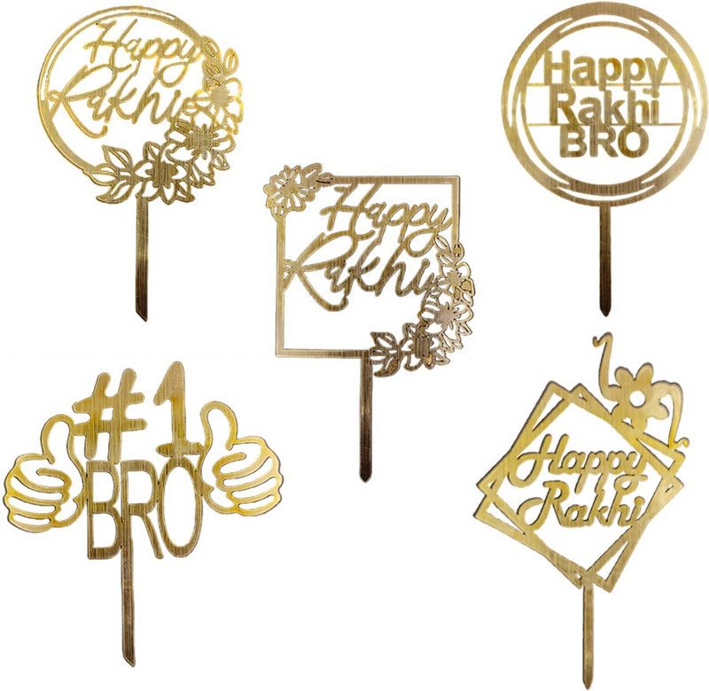 KONFIZ MDF Rakhi Cake Topper Golden SET-2 (5 Pcs packing) Cake Topper  (GOLD Pack of 5)