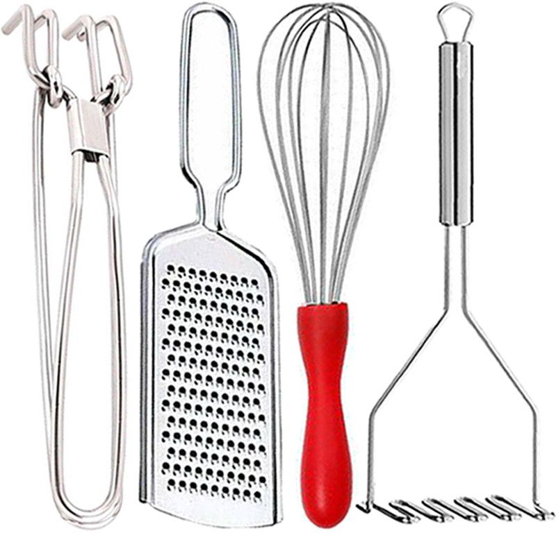 DreamBasket Stainless Steel Pakkad & Grater & Whisk & Potato Masher Kitchen Tool Set  (Silver, Tong, Grater, Whisk, Masher)