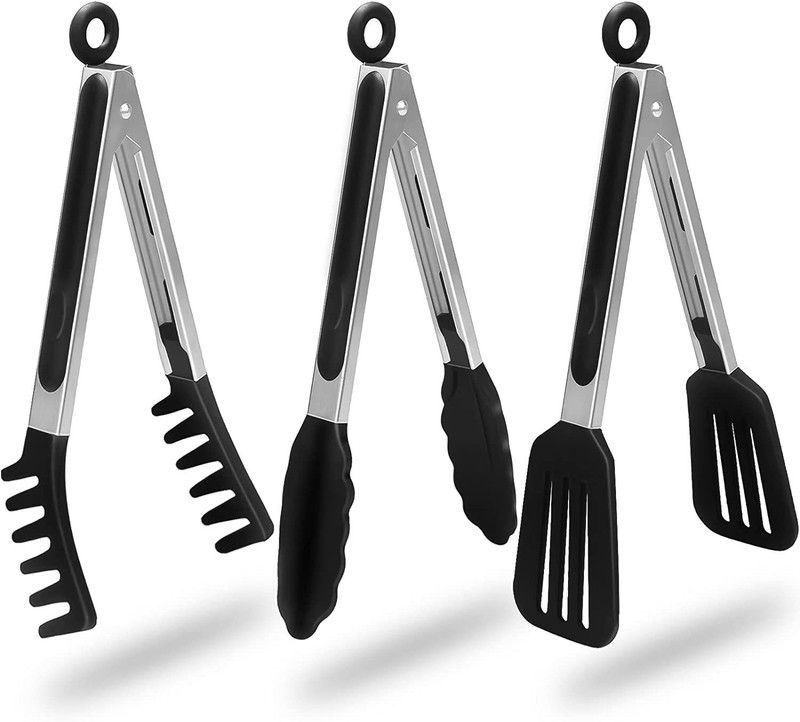 Agabani 4in1 Stainless Steel Kitchen Food Tongs Set for Cooking- BLACK 12.065 cm Spaghetti Tong Set  (Pack of 3)