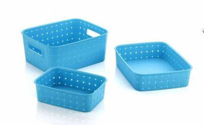 Ingeniero Multipurpose Smart Shelf Basket Set 3 Pc Storage Basket for Fruits, Vegetables,Magazines, Cosmetics etc Storage Basket Basket for Kitchen Use (Pack of 3 Plastic Fruit & Vegetable Basket (Blue) Plastic Fruit & Vegetable Basket  (Blue)