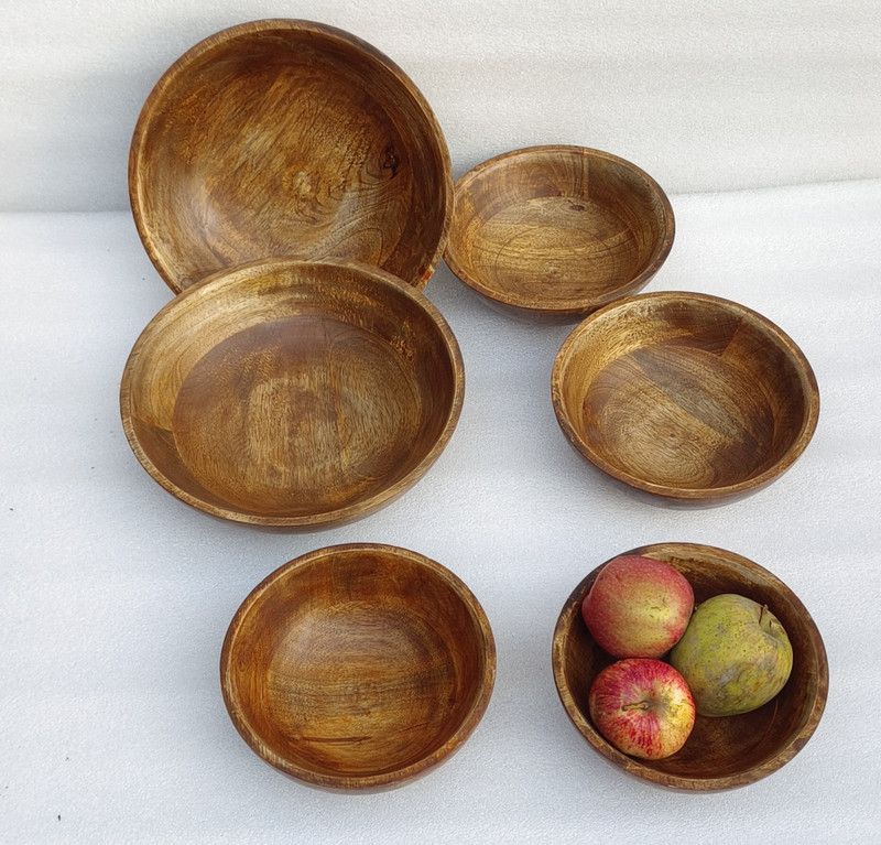 OnlineCraft Wooden Serving Bowl ch7309  (Pack of 6, Brown)