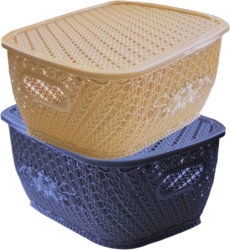 KUBER INDUSTRIES Plastic Plastic 2 Pieces Large Size Multipurpose Solitaire Storage Basket for Kitchen, Office, Bedroom, Bath Room with Lid ( & Cream) Storage Basket  (Pack of 2)