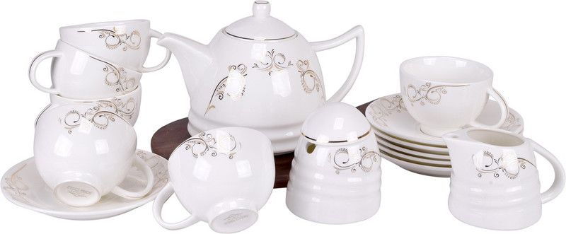 Deco Pride Pack of 17 Ceramic Cups Saucers Set of 6 Cups, 6 Saucers, 1 Kettle, 1 Sugar Pot, 2 Lids and 1 Milk Pot  (White, Cup and Saucer Set)
