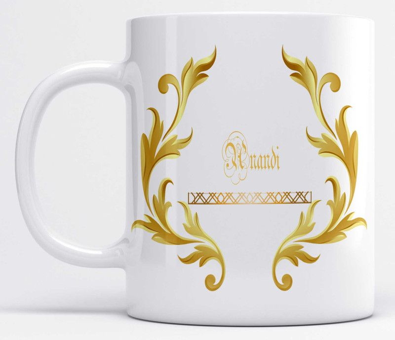 Name Anandi Printed Golden Leaves Design Ceramic Coffee Mug  (350 ml)
