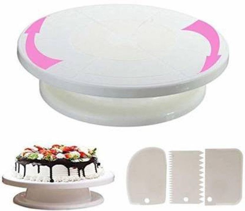 SHREE SADGURU CREATION CACK TUEN TABLE WITH SCRAPER (MULTICOLOUR) CAKE TABLE WITH SCARPER Combo Set of Plastic Revolving Turn Table Cake Stand with 3 Scrapper (MULTICOLOUR) White Kitchen Tool Set  (White, Grater)