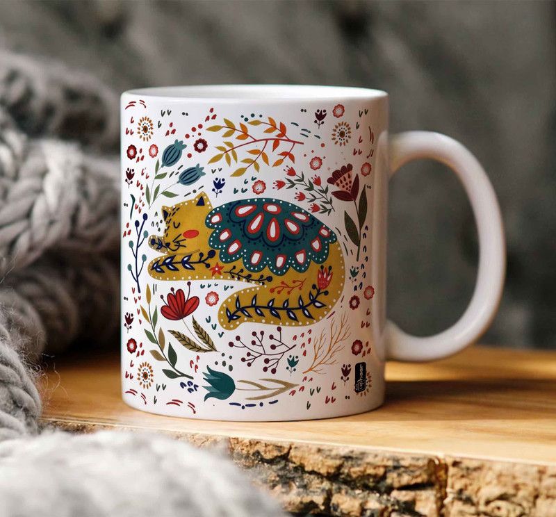 Uphaar02 Uphaar Yellow Cat Floral Clipart Pattern Printed White Ceramic Coffee 330ml | Microwave & Dishwasher Safe Ceramic Coffee Mug  (330 ml)
