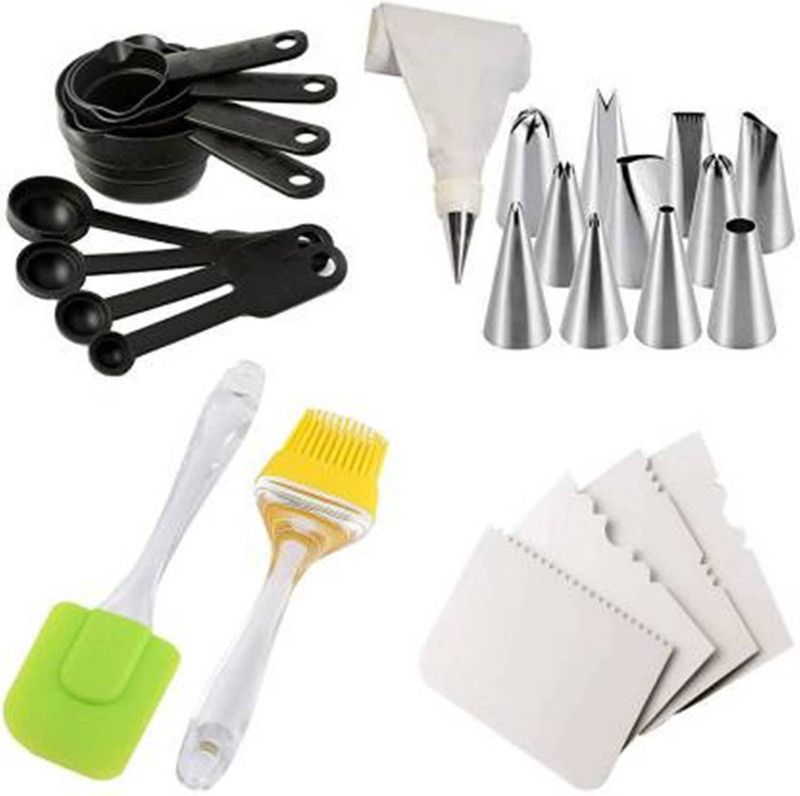 Varniraj Bakeware Combo Set 8pc Measuring spoon, 12 pc cake nozzles set, 2 oil brush, cake scraper 4 pcs Kitchen Tool Set  (Spatula, Baking Tools, Brush)