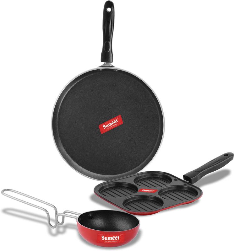 Sumeet Alroy Non Stick Combo Set of 2.6mm Thick (Dosa Tawa – 26.5cm Dia + Mini Multi Snack Maker – 19.5cm Dia + Tadka Pan – 10cm Dia) Non-Stick Coated Cookware Set  (Aluminium, 3 - Piece)