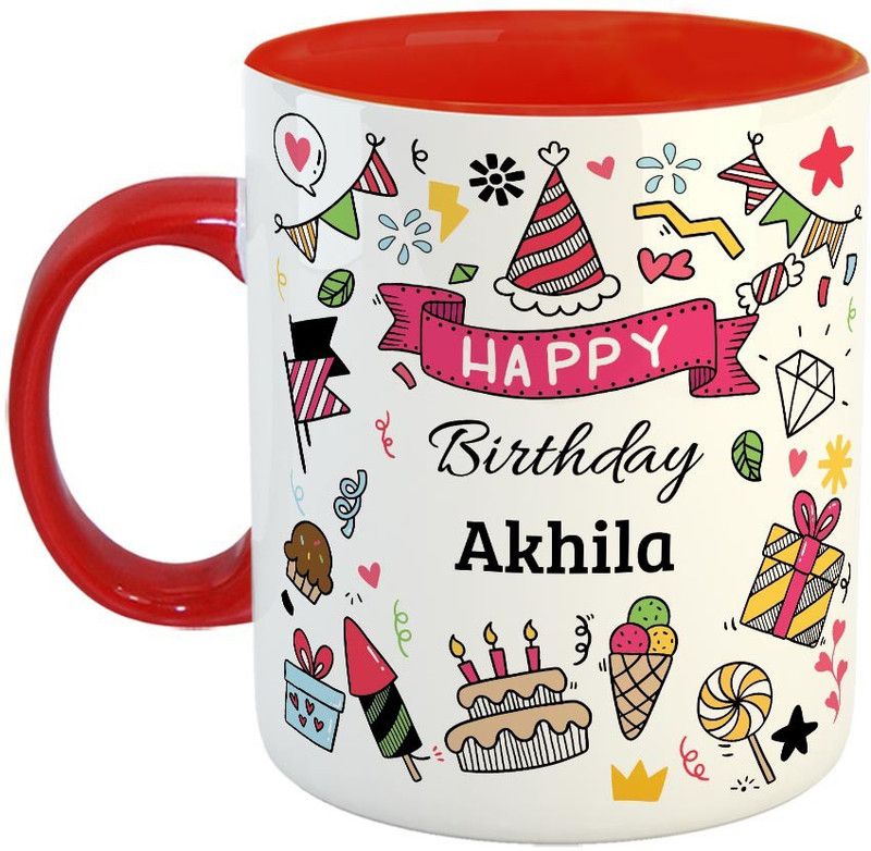 Furnish Fantasy Happy Birthday Ceramic Coffee - Best Birthday Gift for Son, Daughter, Brother, Sister, Gift for Kids, Return Gift - Color - Red, Name - Akhila Ceramic Coffee Mug  (350 ml)