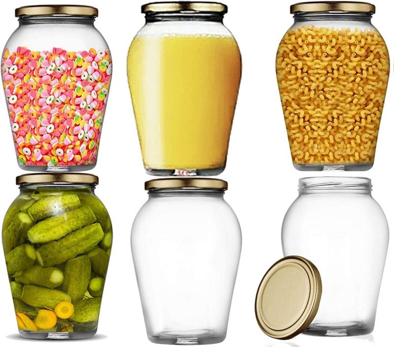 MD REATIL Glass Grocery Container - 1000 ml  (Pack of 6, Clear, Gold)