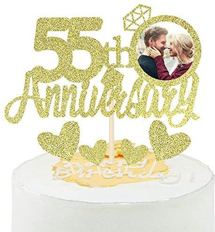 ZYOZI Gold Glitter 55th Anniversary Cake Topper with Diamond Ring Heart Cake Decorations Set for 55th Wedding Graduation Retirement Company Celebration Party - Pack of 5 Edible Cake Topper  (GOLD Pack of 5)
