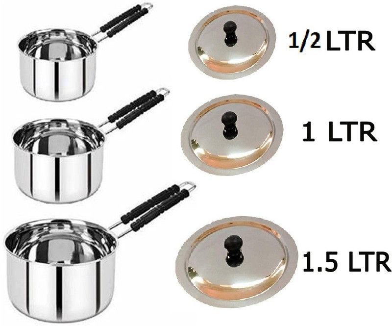 Manoj Steels MSW Heavy stainless steel sauce pan milk pan tea pot boiler with lid plates Sauce Pan 18 cm, 17 cm, 16 cm diameter with Lid 1.5 L, 1 L, 0.5 L capacity  (Stainless Steel)